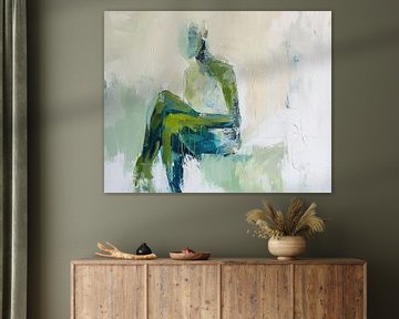 Zittende Vrouw | Rustgevende Zittende Vrouw in Blauw van Kunst Kriebels