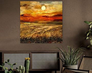 Zonsondergang veld | Landschap met Zon en Goud van Kunst Kriebels