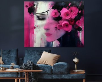 Modern Vrouwenportret | Roze Bloemen van De Mooiste Kunst