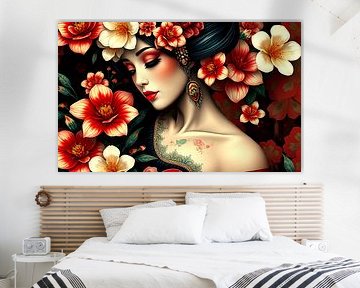 Geisha oriental woman with flowers