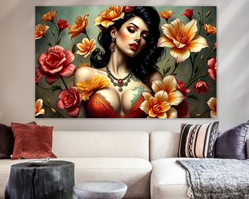 Geisha oriental woman with flowers
