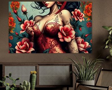 Geisha oriental woman with flowers