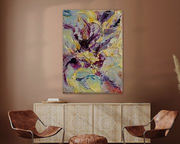 Abstract olieverf schilderij, Kleurenharmonie in paars, geel, goudgeel, blauw, wit en rood van BowiScapes abstract en digitale kunst