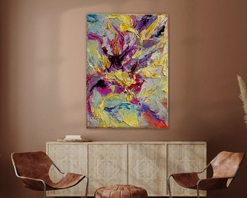 Abstract oil painting, Colour harmony in purple, yellow, golden yellow, blue, white and red by BowiScapes abstract and digital art