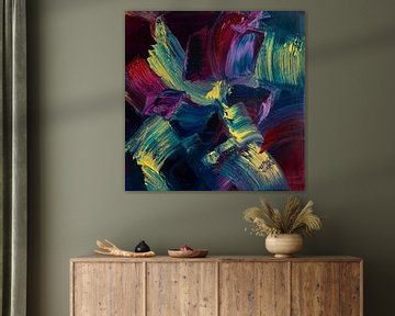Abstract olieverf schilderij,  blauw, geel, rood, oranje en groen van BowiScapes abstract en digitale kunst