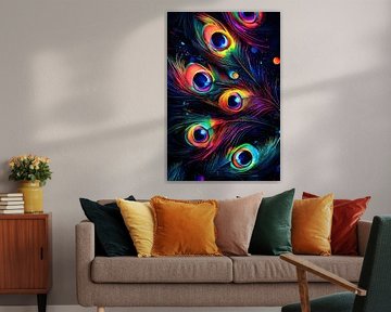 Plumes de paon néon œuvre d'art abstraite sur Art & Soul Creations