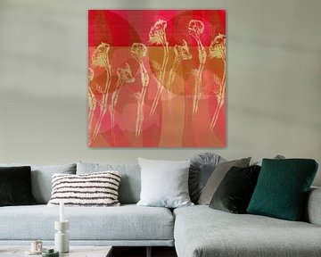 Abstracte botanische kunst in geel, neonroze en bruin. van Dina Dankers