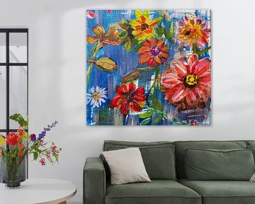 Schilderij van vrolijke bloemen van Schilderijen Liesbeth Serlie