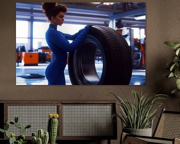 Monteur met banden in werkplaats van Frank Heinz