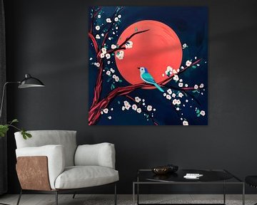 Blauwe vogel onder de rode maan en bloesemtakken van Color Square
