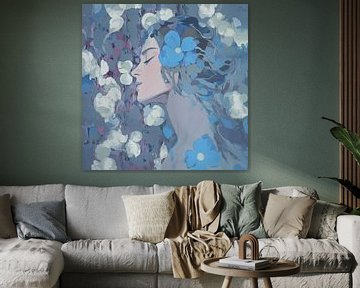Dromerig portret met blauwe bloemen en zachte lichtvlekken van Color Square
