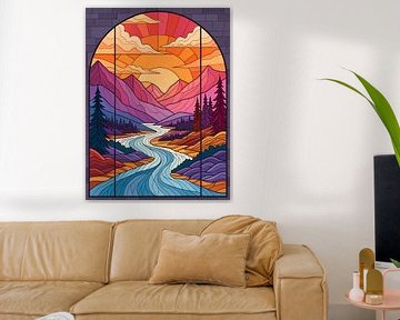 Rivier Zonsondergang Gebrandschilderd Glas Landschap van Artistic