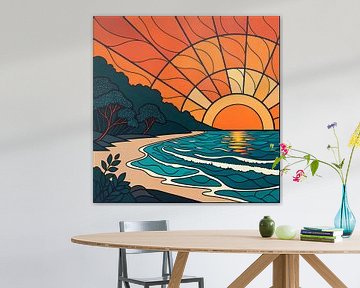 Sereniteit bij zonsondergang: Een strand van gebrandschilderd glas van Artistic
