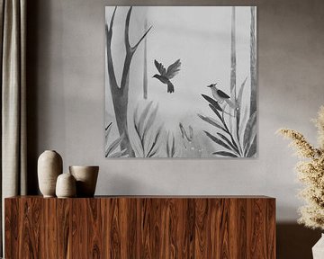 The grey bird - Grijs Schilderij van ComfortQ