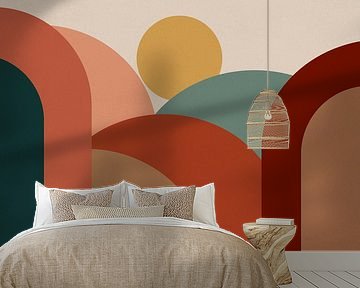 Scandinavische abstractie - Landschap Zonsopgang Mid-Century Modern Vintage