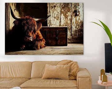 Schotse hooglander bij houten kist van Art & Soul Creations