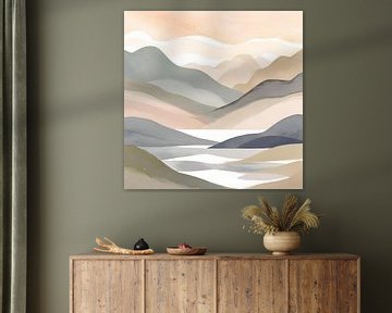 Beige and Grey Mountains Watercolour Nature painting by ComfortQ