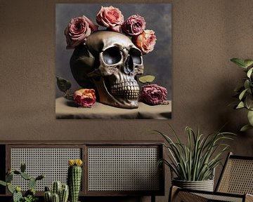 De skull met roze rozen van Corina Rumping