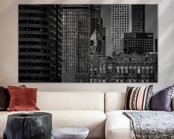 Rotterdam, close up van Hotel New York in zwart wit van U&U Art