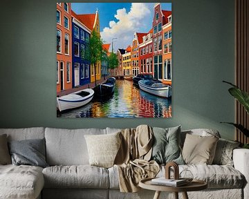 Kleurrijke Utrecht Grachtenpand Schilderij van ComfortQ