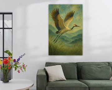 Elegant in Vlucht: De Kraanvogel in een Dromerig Landschap van But First Framing