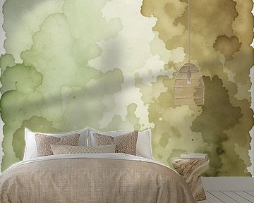 Abstract Olijfgroen Kleurrijke Aquarel Minimalist Schilderij