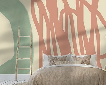 Abstrakte Linien in Rosa, Mintgrün und Weiß.