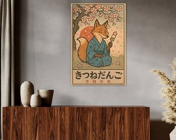 Cherry blossom fox with dango - Retro Japan illustration