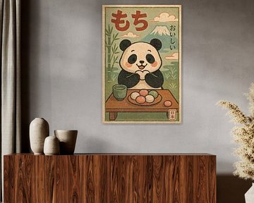 Happy Panda with Mochi - Retro Japan Illustration