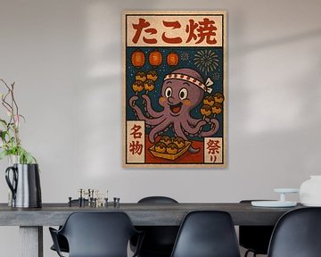 Takoyaki festival with cheerful octopus - Retro Japan illustration