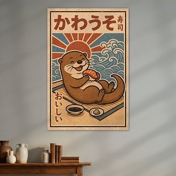 Schattige otter met vissnack - Retro Japanse illustratie van Jordan Fenix Gallery