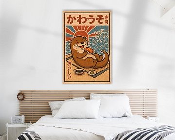 Schattige otter met vissnack - Retro Japanse illustratie van Jordan Fenix Gallery