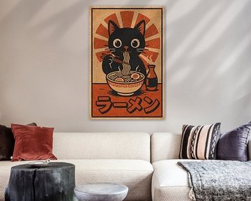 Cat enjoying ramen - Retro Japan illustration