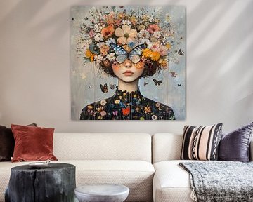 Bloemengezicht | Kleurrijke Bloemen en Vlinders van Blikvanger Schilderijen