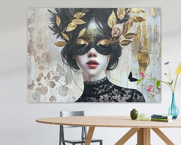 Maskervrouw | Whispers of a Golden Mask van Abstract Schilderij