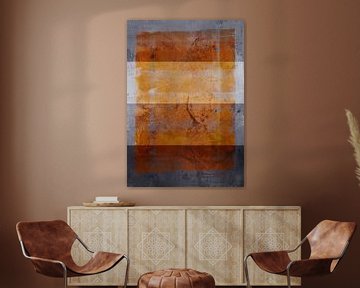 Abstract landschap in oranje, bruin en grijs. van Dina Dankers