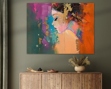 Vrouw Met Oranje | Vrouw Met Levendige Kleuren van Kunst Kriebels