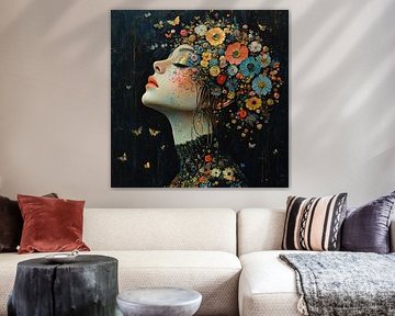 Femme rêveuse entourée de fleurs