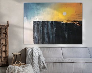 Klif Zonsondergang Schilderij | Solitary Sunset Watch van Abstract Schilderij