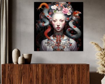 Femme Portrait Serpents Fleurs mystérieux mystique surréaliste sur gm_designs