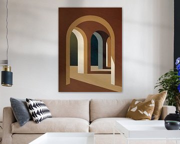 Refugium, retro architecture painting in bronze beige green