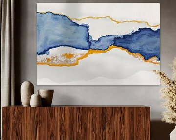 In de stroom van kalmte, abstractie in blauw en goud van Mad Dog Art
