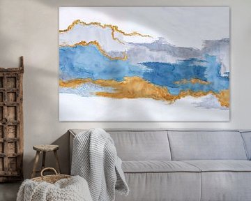 In de stroom van kalme, moderne abstractie in blauw en goud van Mad Dog Art