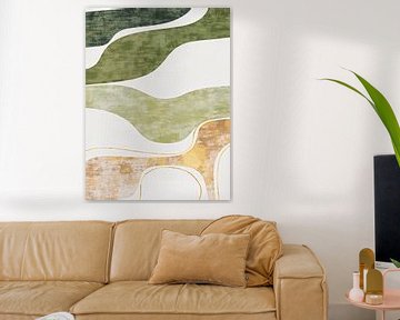 In de stroom van kalme, moderne abstractie in groen en goud van Mad Dog Art
