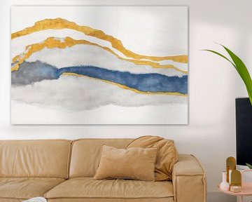 In de stroom van kalme, moderne abstractie in indigogoud van Mad Dog Art