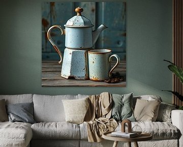 Een oude zacht blauw koffiepot met mok. van J.a Dijkstra