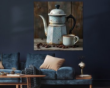 Een oud verweerd roestig licht blauw koffiepot met kopje. van J.a Dijkstra