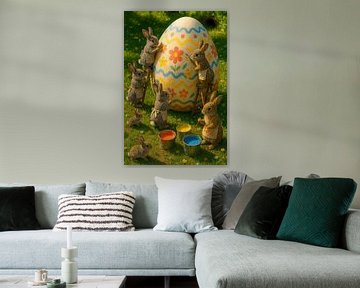 Schattige Konijnen Versieren Paasei in Bloeiende Lentetuin
