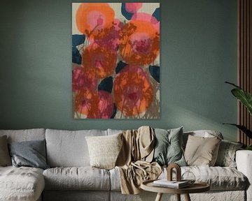 Kleurrijke botanische kunst in oranje, bruin, roze, blauw. Monotypes weidebloemen. van Dina Dankers