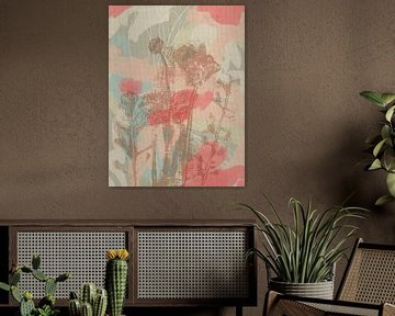 Kleurrijke botanische kunst in pastelroze, blauw, wit, beige. Monotypes weidebloemen. van Dina Dankers